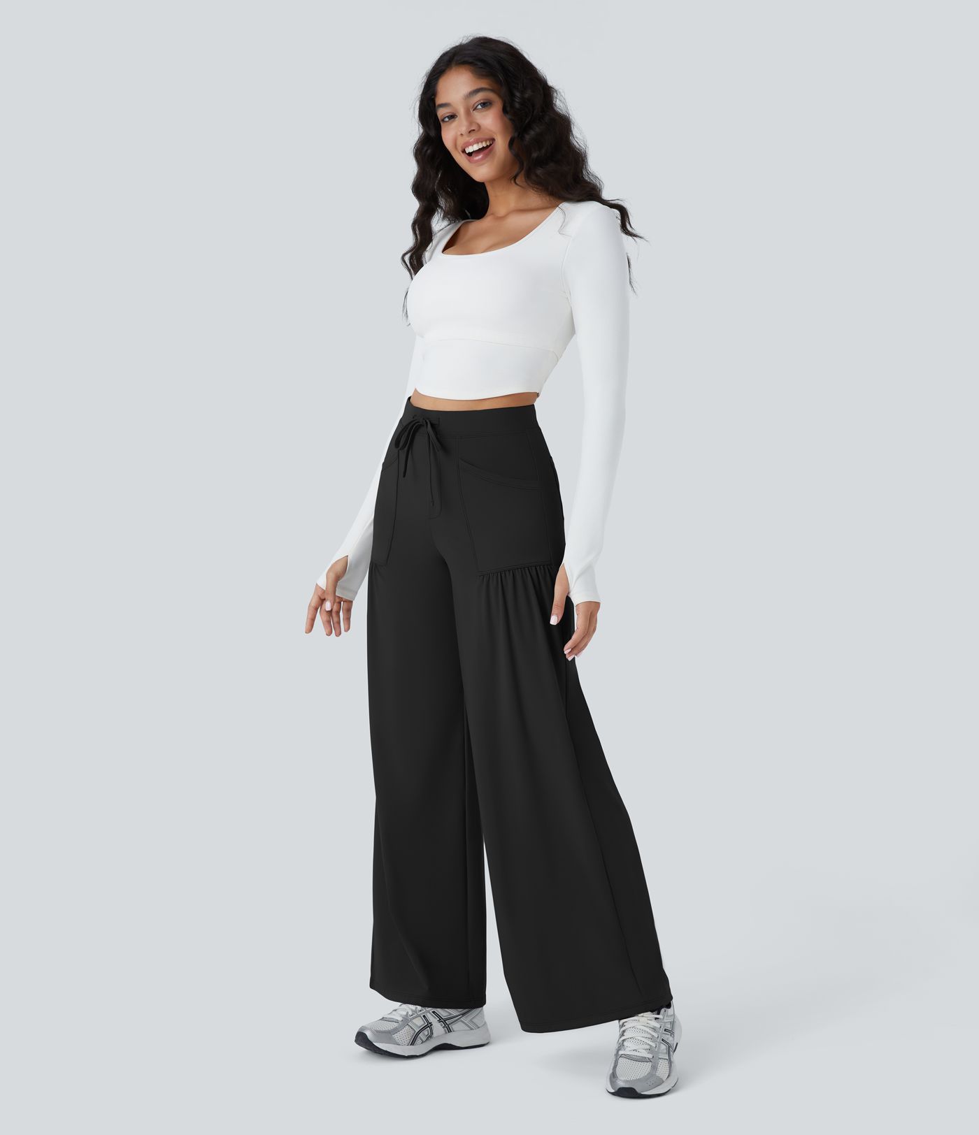Pantalon Large Yoga Taille Haute avec Cordon de Serrage Plusieurs Poches et Plis 