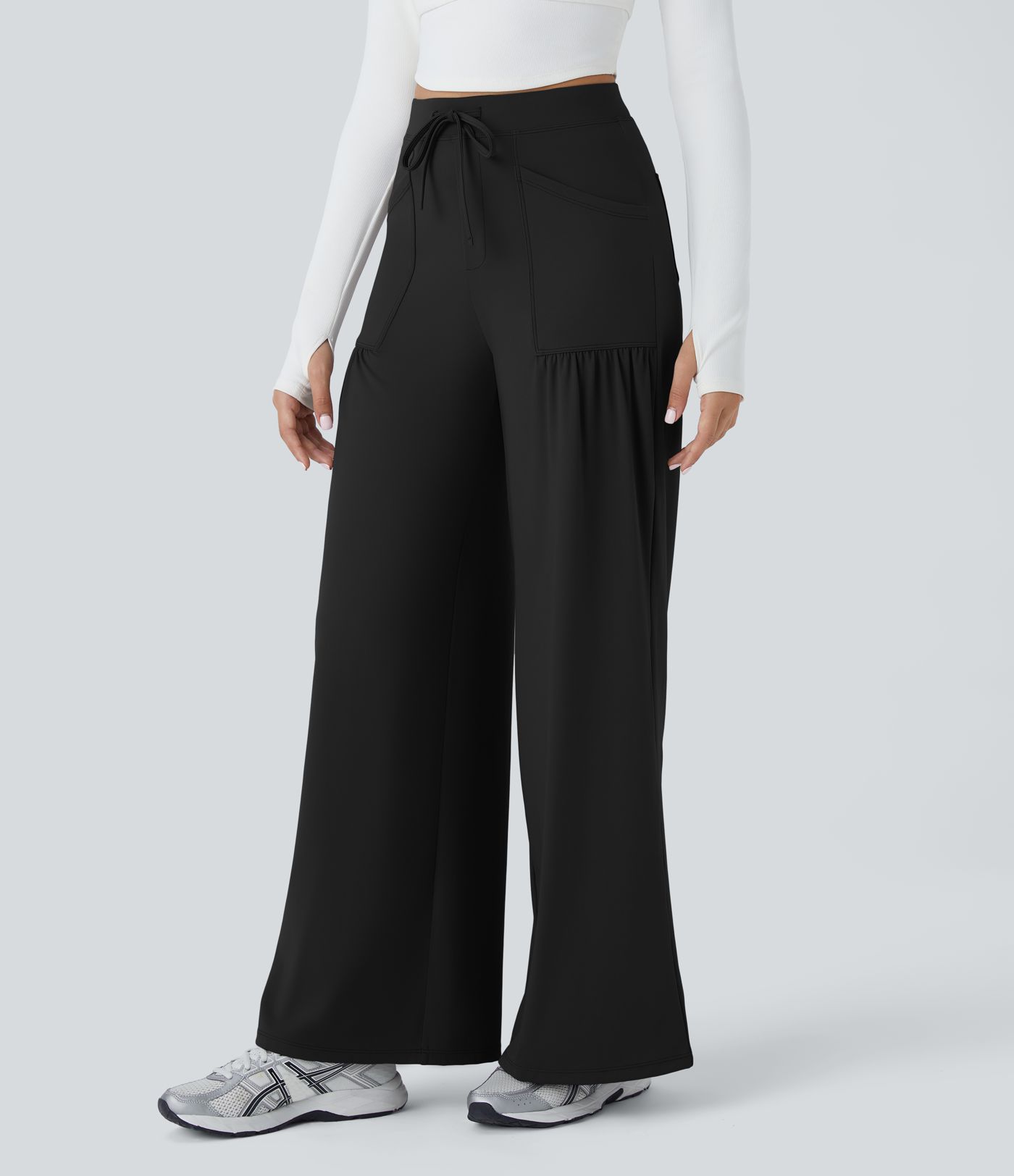 Pantalon Large Yoga Taille Haute avec Cordon de Serrage Plusieurs Poches et Plis 