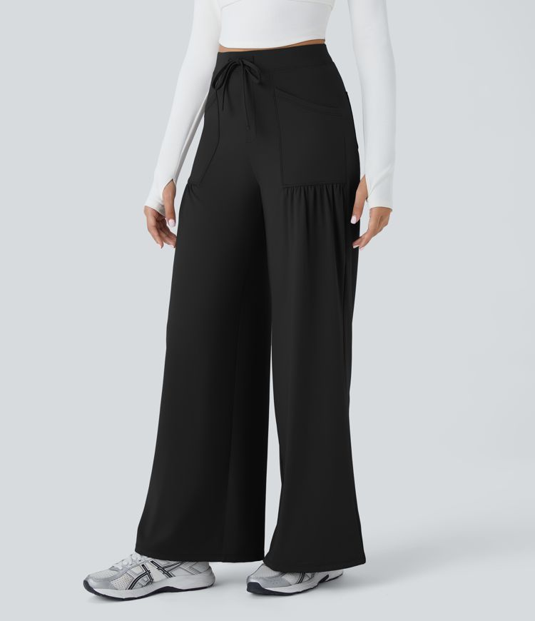 Pantalón yoga pierna ancha plisado múltiple bolsillo cordón tiro alto