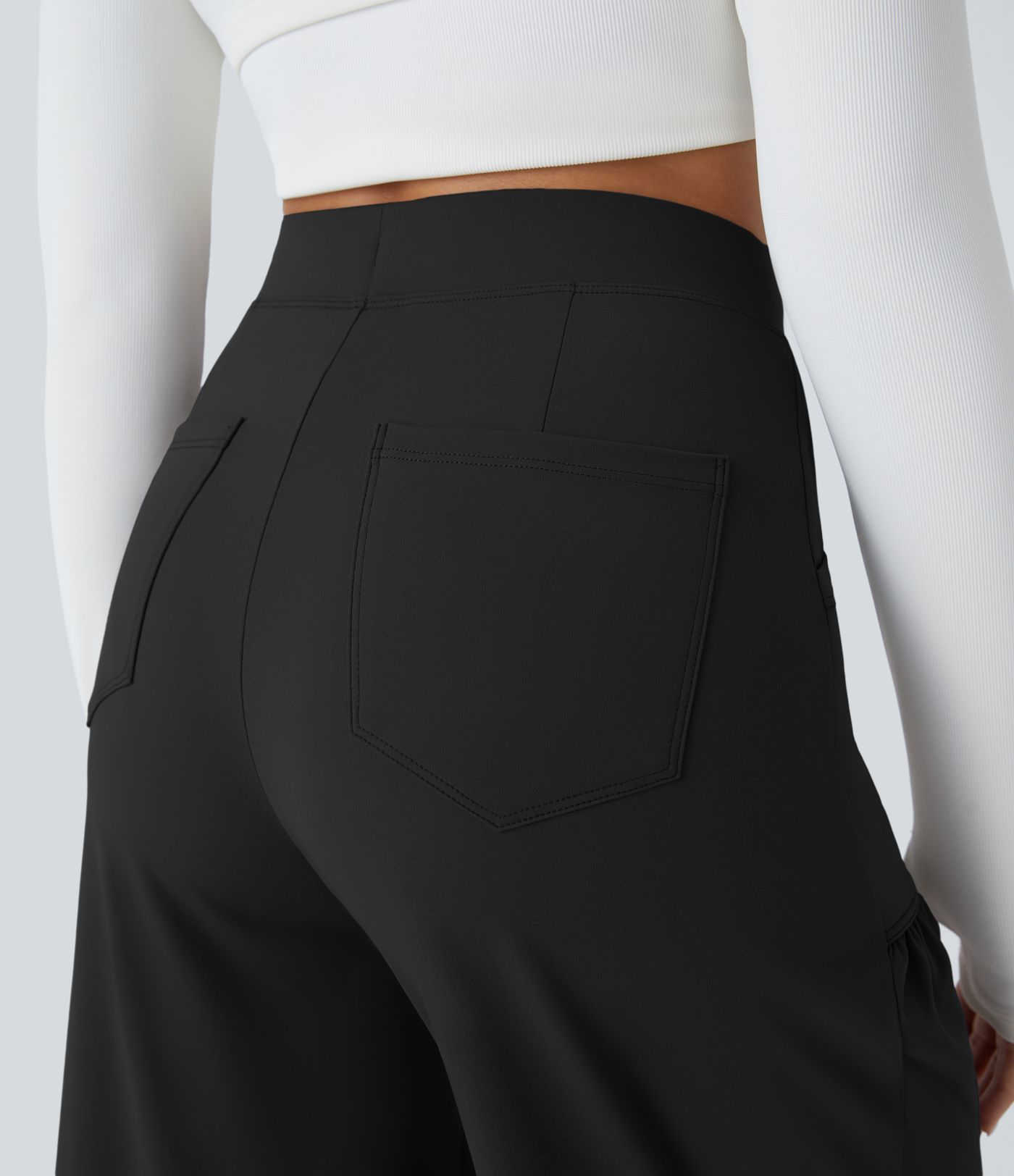 Pantalon Large Yoga Taille Haute avec Cordon de Serrage Plusieurs Poches et Plis 