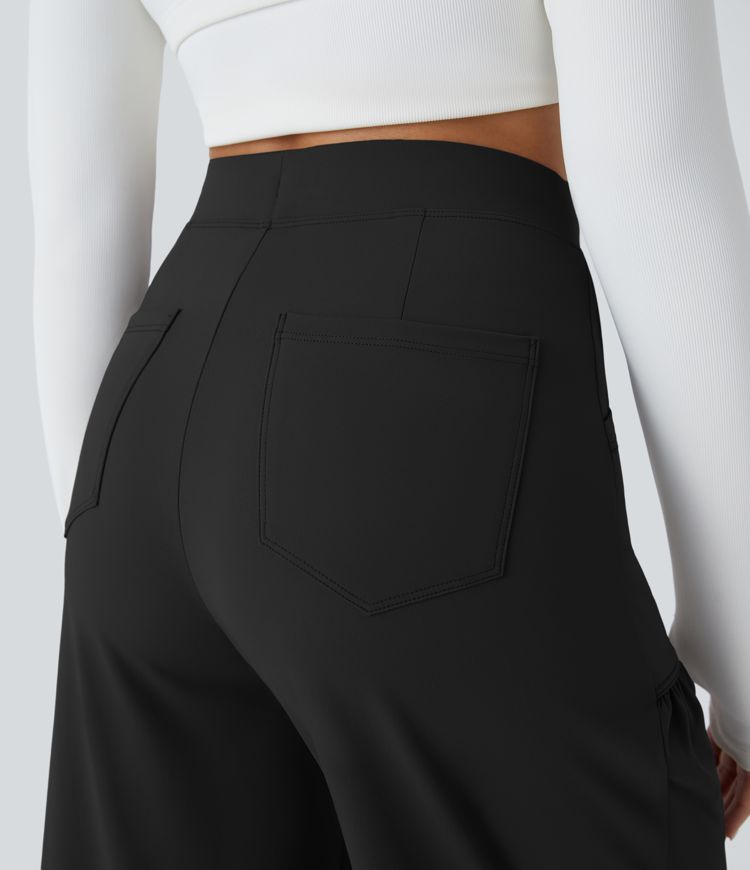 Pantalón yoga pierna ancha plisado múltiple bolsillo cordón tiro alto