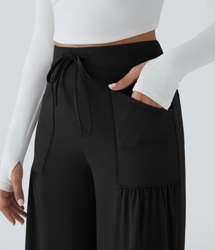 Pantalón yoga pierna ancha plisado múltiple bolsillo cordón tiro alto