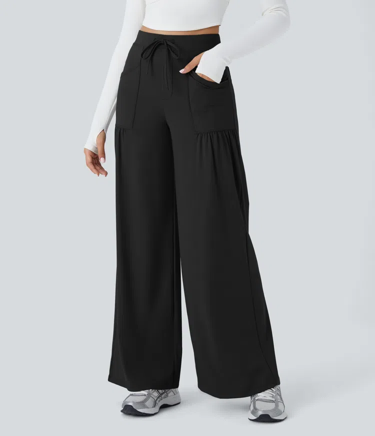 High waist drawstring multi-pocket wide-leg yoga pants