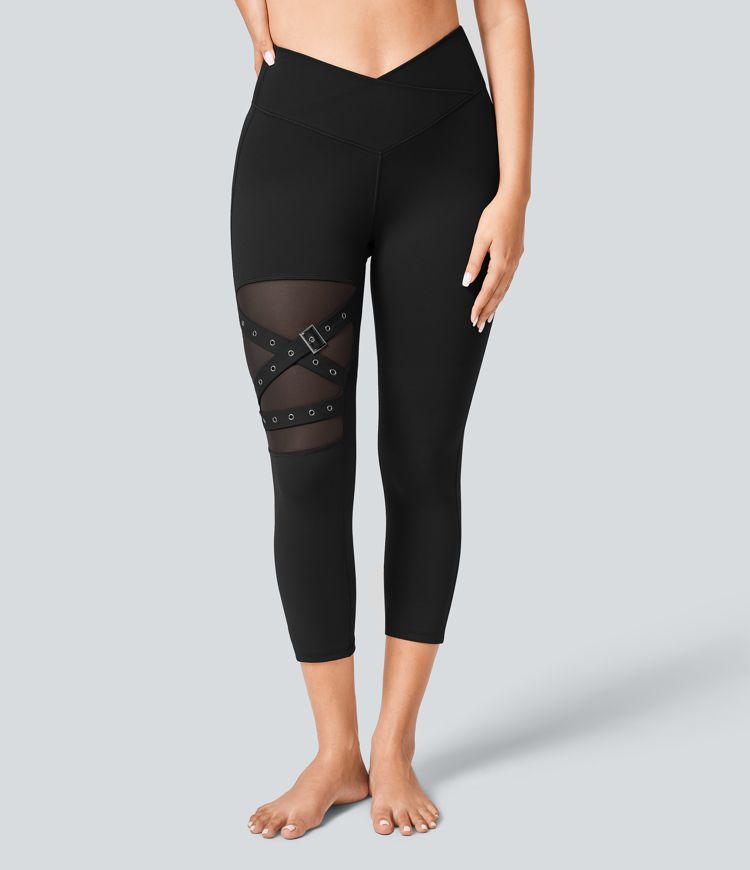 High Waisted Crossover Contrast Mesh Decorative Buckle Yoga Capri Leggings