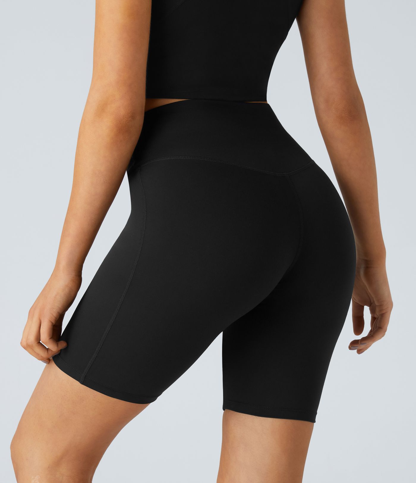 High Waisted Crossover Contrast Mesh Decorative Buckle Yoga Biker Shorts