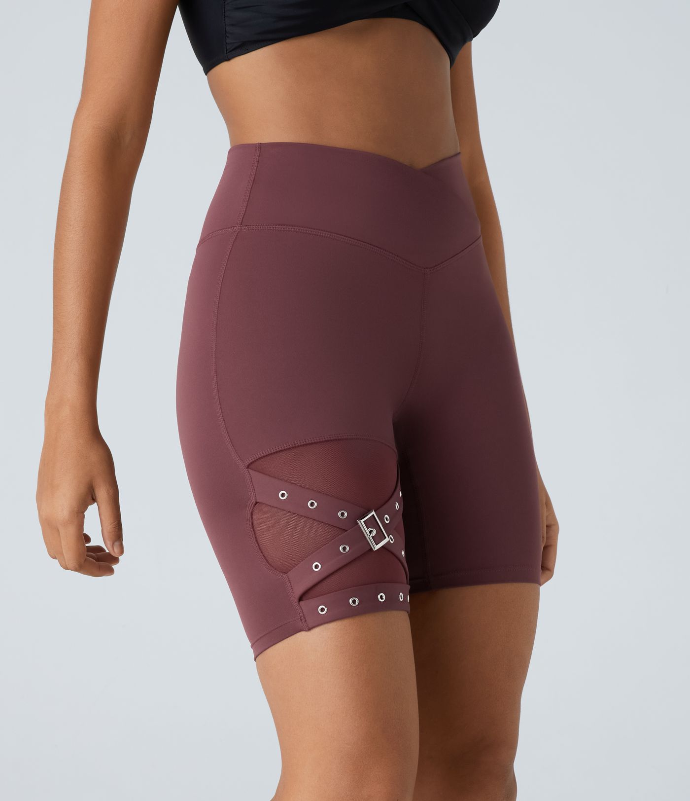 High Waisted Crossover Contrast Mesh Decorative Buckle Yoga Biker Shorts