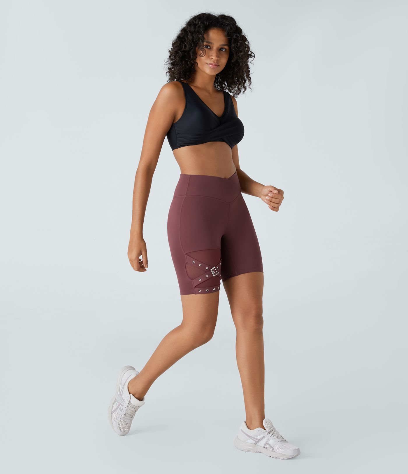 ハイウエスト クロスオーバー コントラスト メッシュ 装飾バックル ヨガ バイカー ショーツ