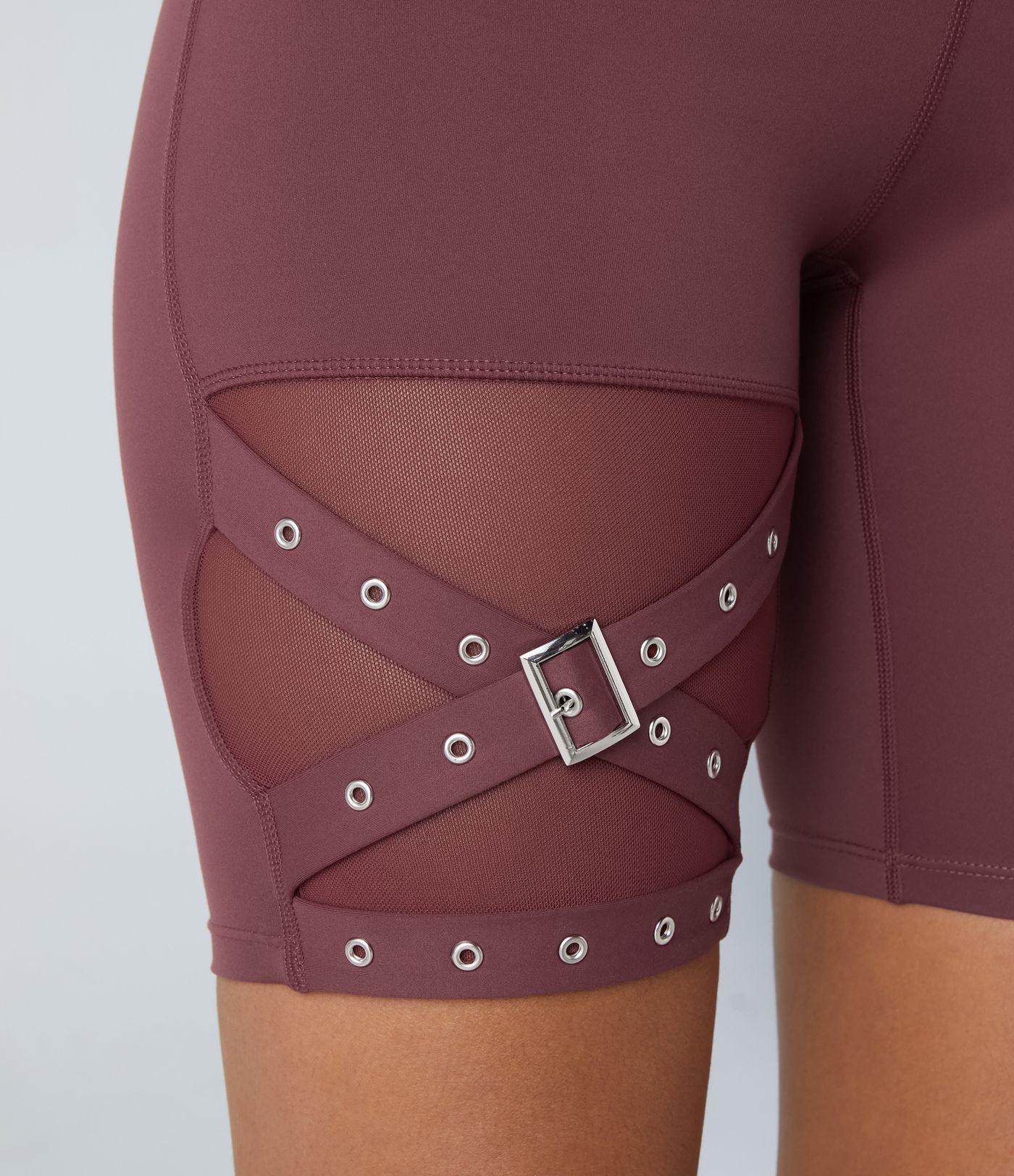 High Waisted Crossover Contrast Mesh Decorative Buckle Yoga Biker Shorts