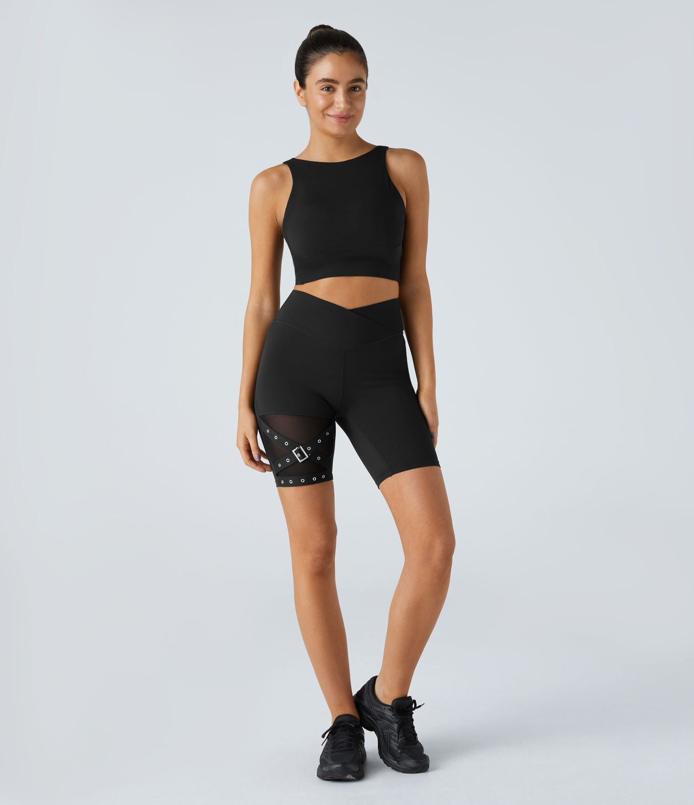 High Waisted Crossover Contrast Mesh Decorative Buckle Yoga Biker Shorts