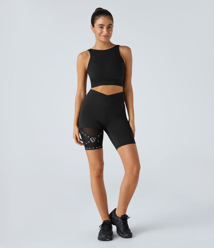 High Waisted Crossover Contrast Mesh Decorative Buckle Yoga Biker Shorts