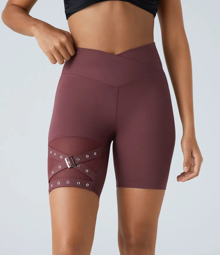 High Waisted Crossover Contrast Mesh Decorative Buckle Yoga Biker Shorts