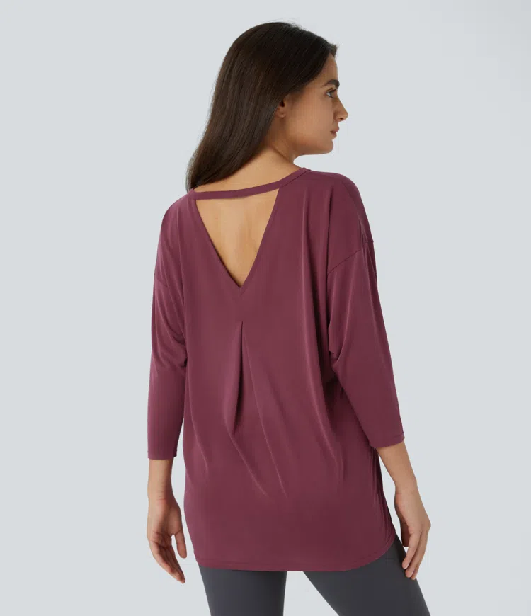 Cutout Ruched Tailoring 7/8 Sleeve Yoga Sports Top