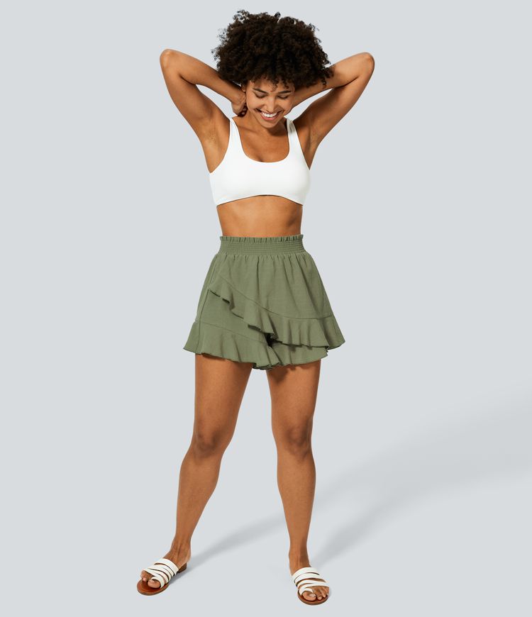 Pantalones cortos fluidos volante fruncido volante tiro alto