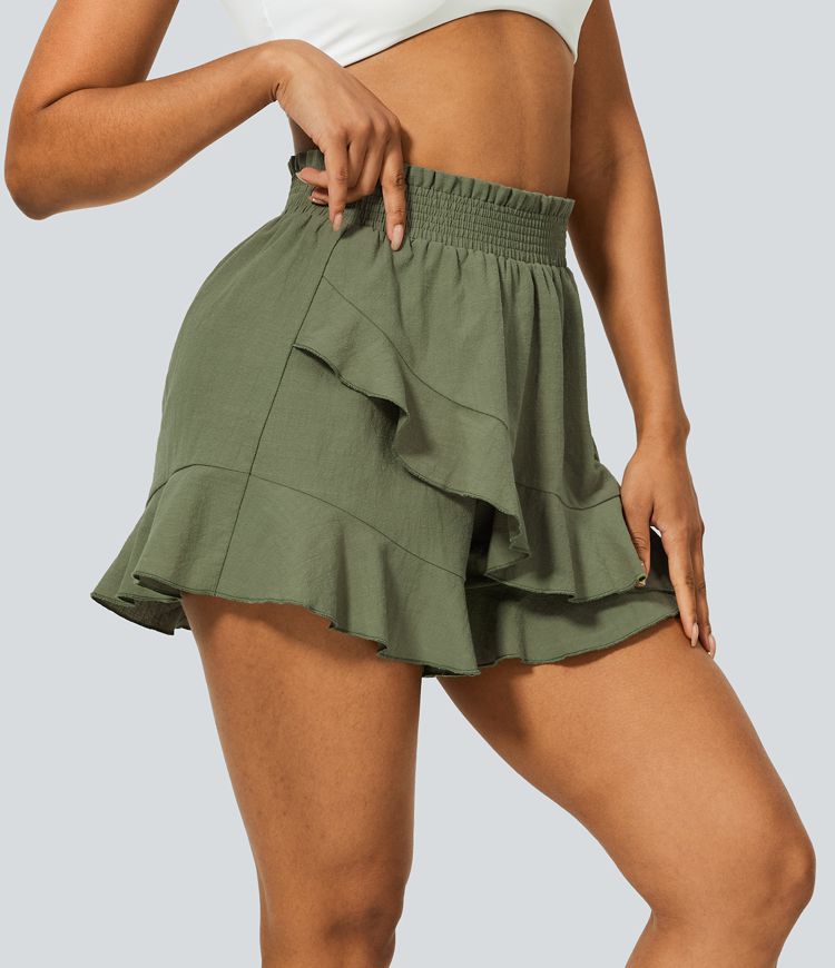 Pantalones cortos fluidos volante fruncido volante tiro alto