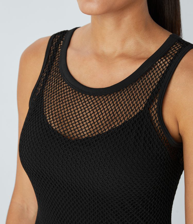 Vestido sirena media pierna ajustado malla contraste sin mangas cuello redondo