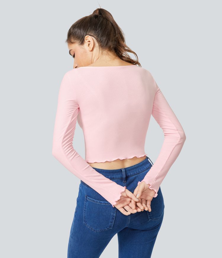 Ribbed Knit Frill Ruched Long Sleeve Cropped Casual Sports Top