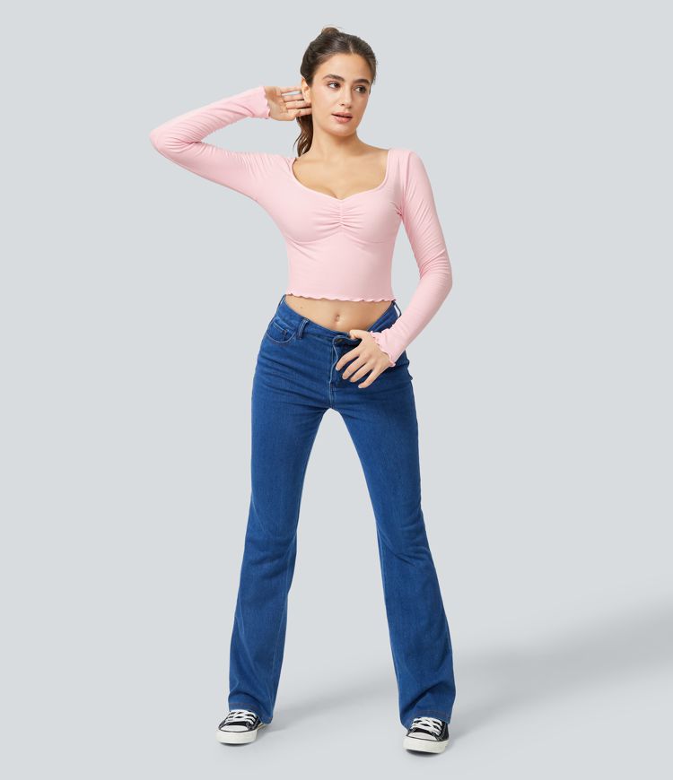 Ribbed Knit Frill Ruched Long Sleeve Cropped Casual Sports Top