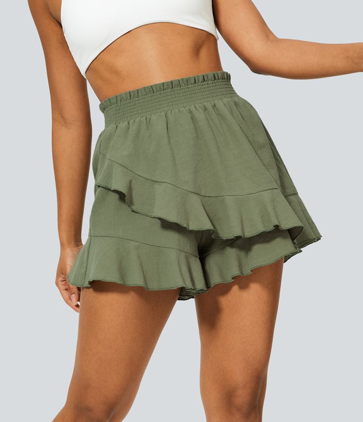 Pantalones cortos fluidos volante fruncido volante tiro alto