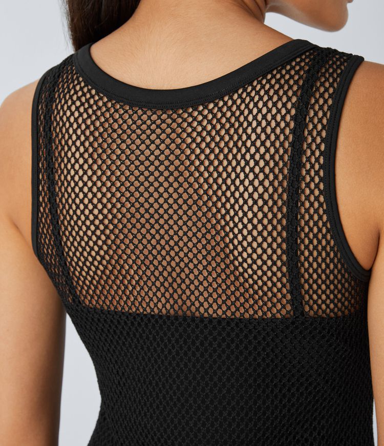 Vestido sirena media pierna ajustado malla contraste sin mangas cuello redondo