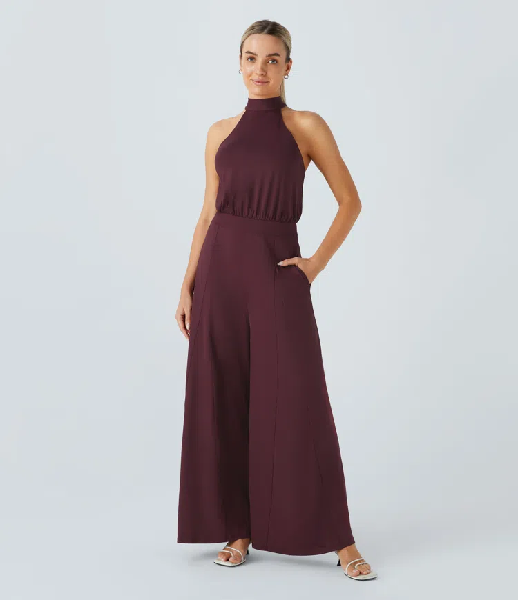 Back Pocket Wide Leg Resort Jumpsuit with Halter Tie