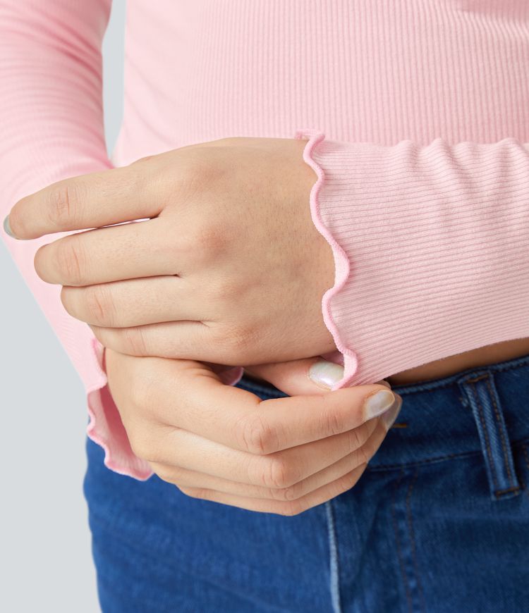 Ribbed Knit Frill Ruched Long Sleeve Cropped Casual Sports Top