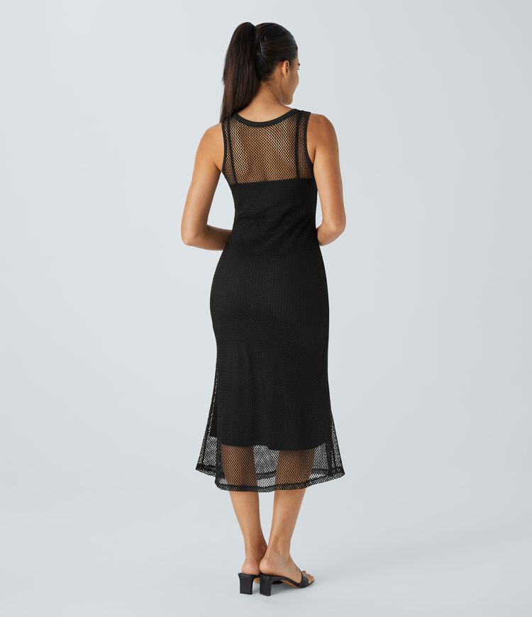 Vestido sirena media pierna ajustado malla contraste sin mangas cuello redondo