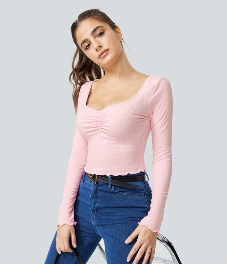 Ribbed Knit Frill Ruched Long Sleeve Cropped Casual Sports Top