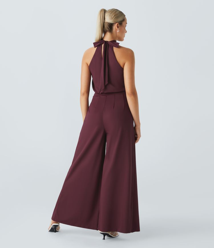 Mono resort pierna ancha bolsillo lateral lazo posterior halter