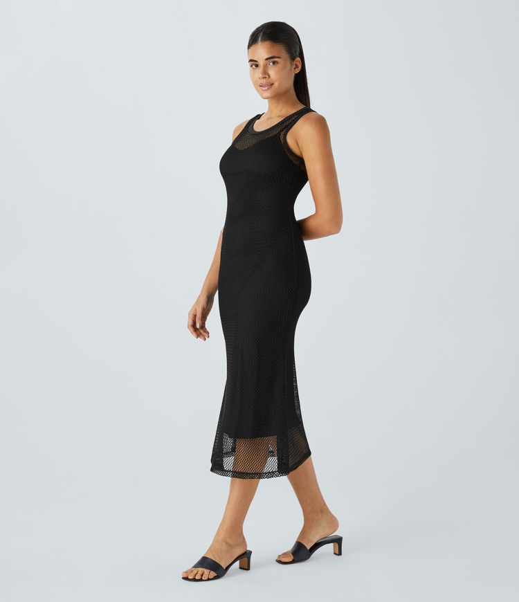 Vestido sirena media pierna ajustado malla contraste sin mangas cuello redondo