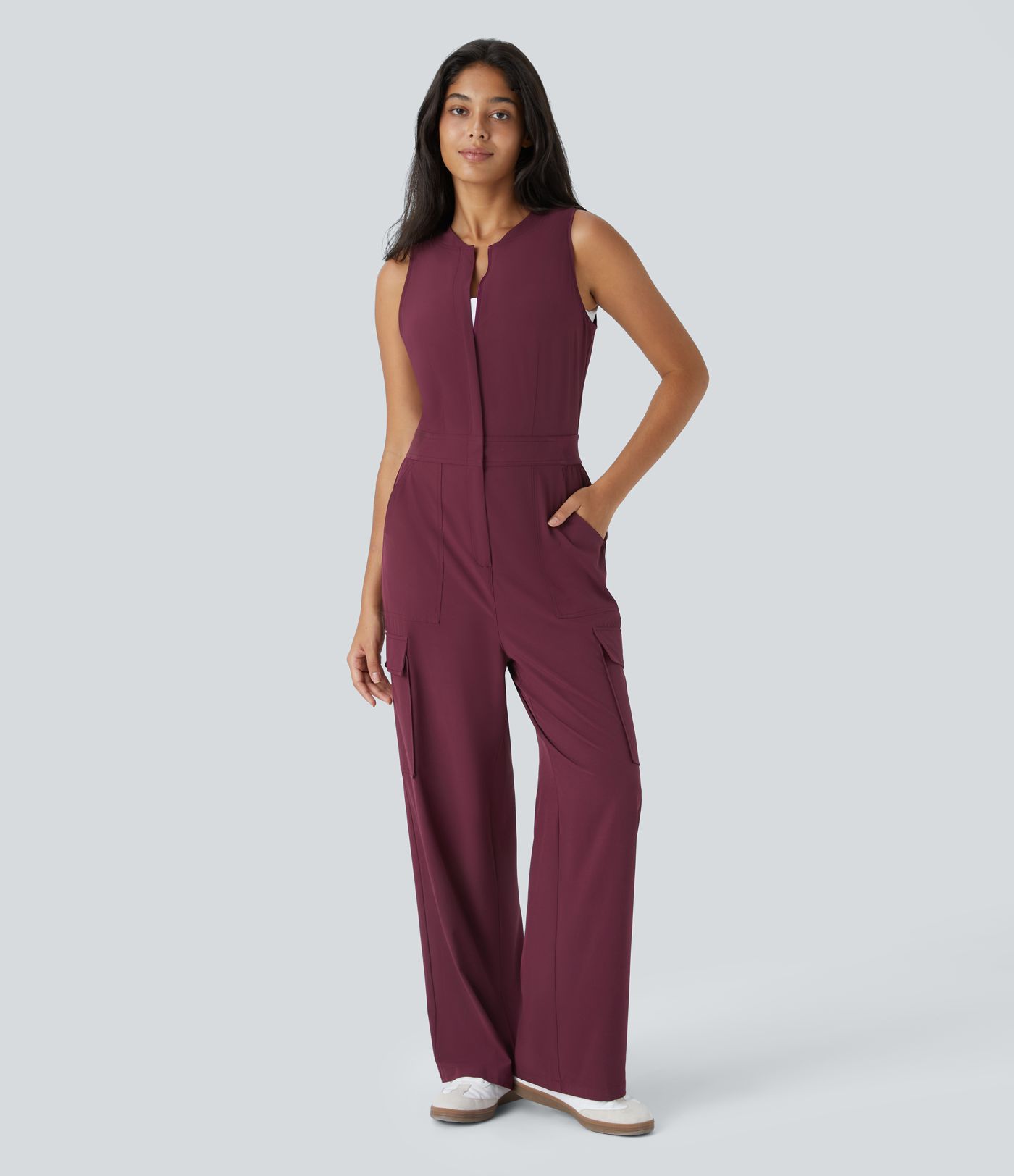 Breezeful™ Sleeveless Zipper Snap Pockets Quick Dry Casual Cargo Jumpsuit