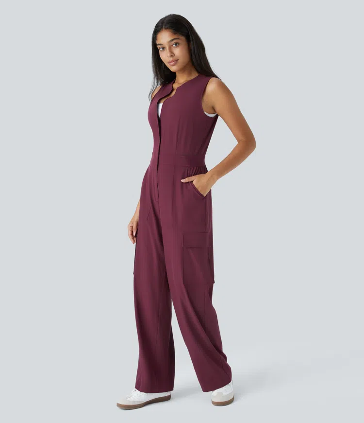 Breezeful™ Sleeveless Zip Snap Button Multiple Pocket Quick Dry Casual Cargo Jumpsuit
