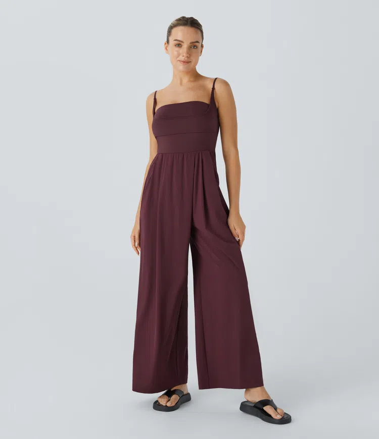 Breezeful™ Backless Side Pocket Wrinkled Wide Quick Dry Casual Slip Jumpsuit