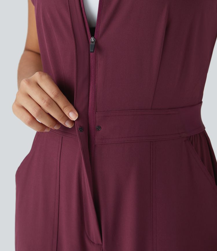 Breezeful™ Sleeveless Zipper Snap Button Multiple Pockets Quick Dry Casual Cargo Jumpsuit