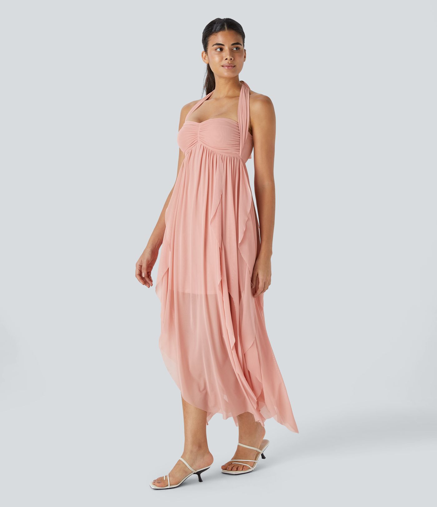 Tube Backless Tie Back Draped Ruffle Flowy Maxi Resort Dress