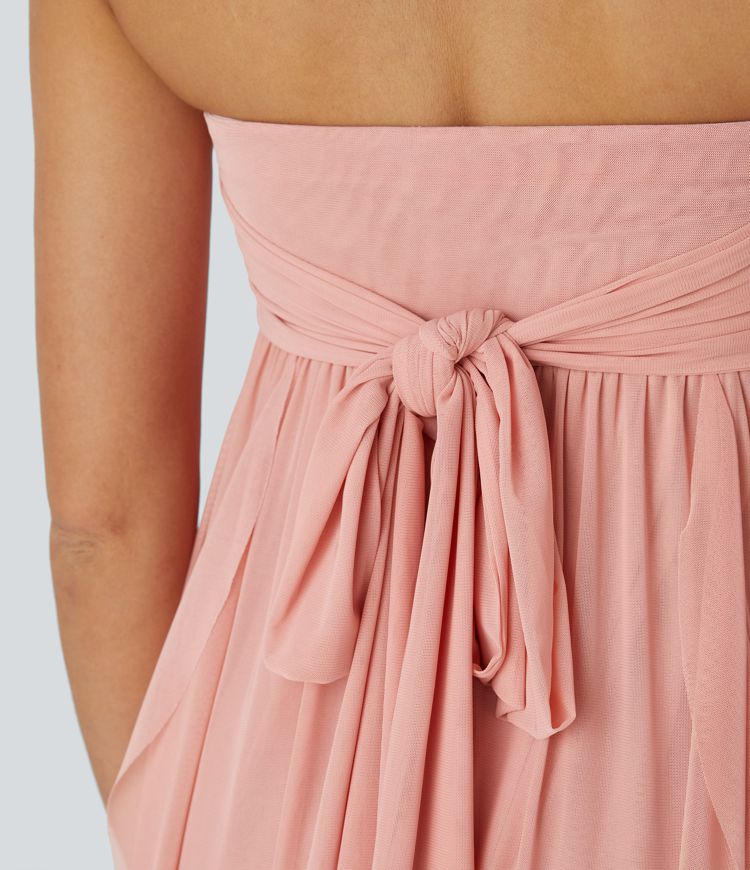 Robe de Vacances Maxi Fluide à Dos Nu en Tube avec Dos Lacé et Volants Drapés