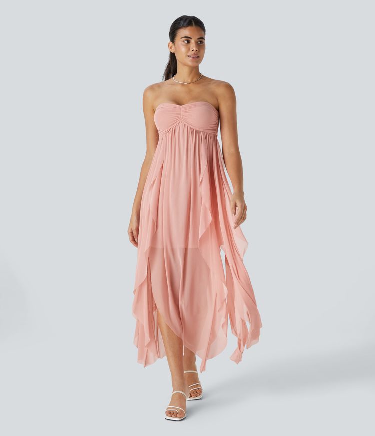 Robe de Vacances Maxi Fluide à Dos Nu en Tube avec Dos Lacé et Volants Drapés
