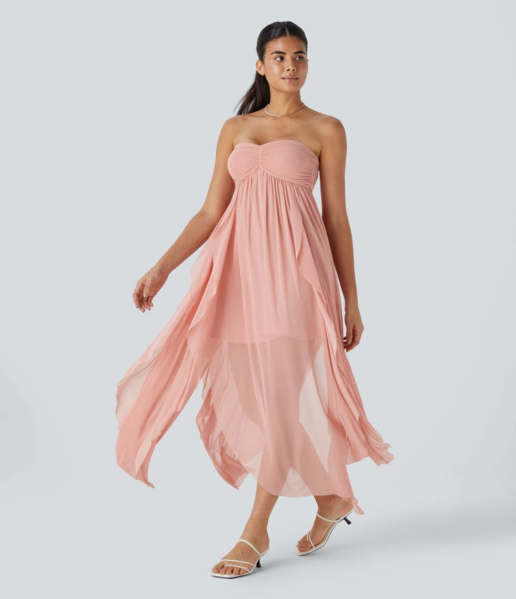 Coral Cloud Vestido largo resort fluido volante drapeado sin espalda lazo espalda / 1