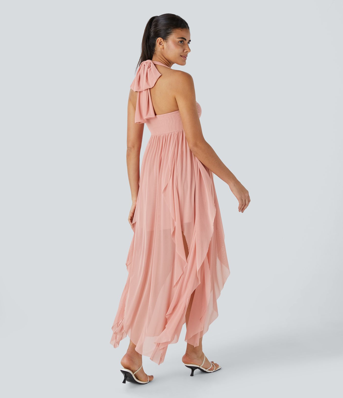 Tube Backless Tie Back Draped Ruffle Flowy Maxi Resort Dress