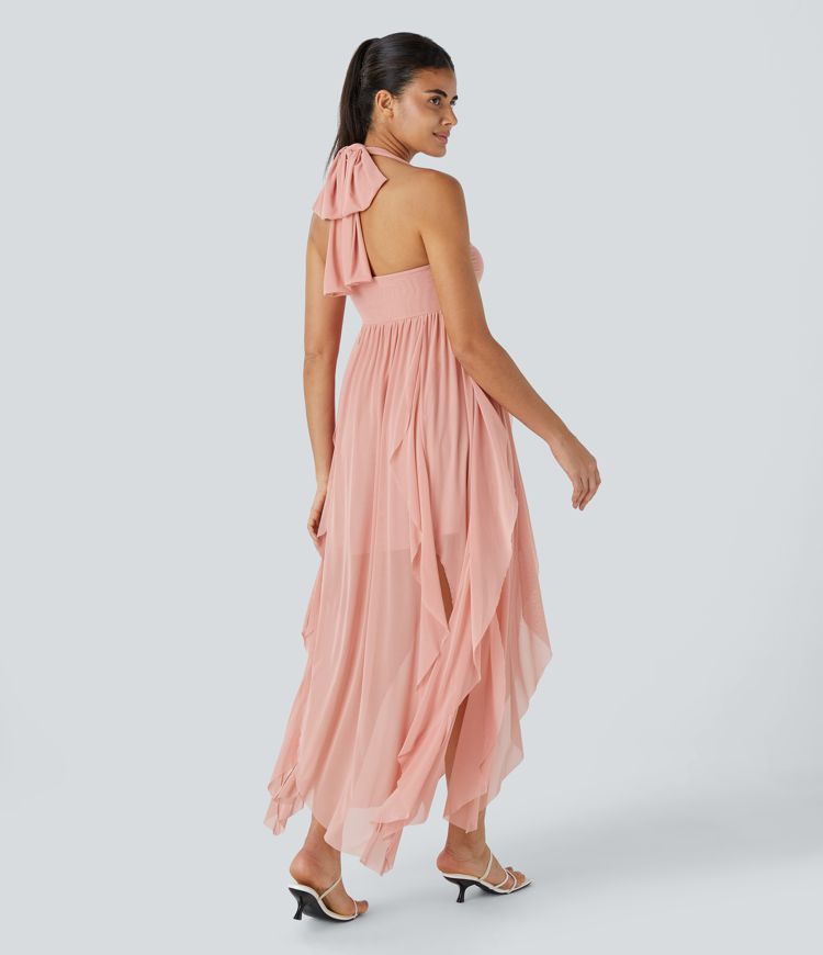 Robe de Vacances Maxi Fluide à Dos Nu en Tube avec Dos Lacé et Volants Drapés