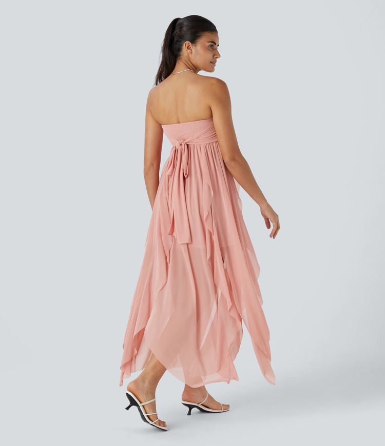 Robe de Vacances Maxi Fluide à Dos Nu en Tube avec Dos Lacé et Volants Drapés