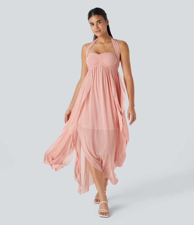 Robe de Vacances Maxi Fluide à Dos Nu en Tube avec Dos Lacé et Volants Drapés