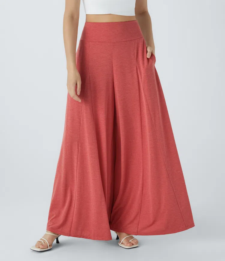 High-waist side pocket wide palazzo flowy vacation look pants