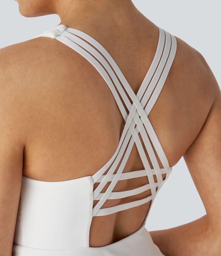 Robe Sport Mini à Encolure Carrée Dos Nu Croisé 2-en-1 avec Poches Latérales et Superpositions