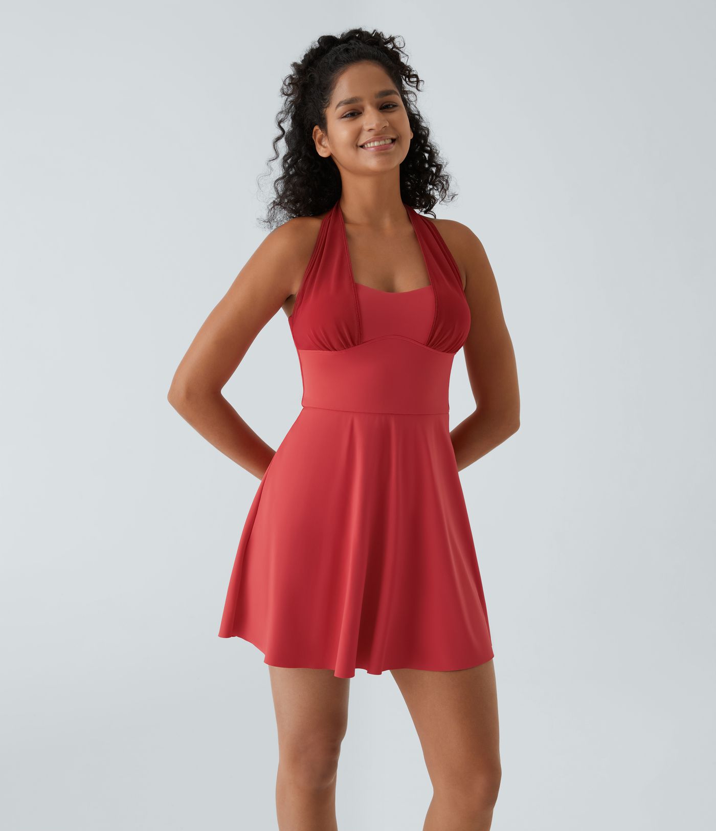 Halterneck Backless Contrast Mesh 2-Piece Set Side Pocket Flare Mini Casual Dress