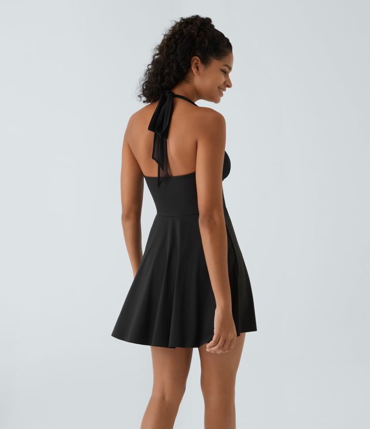 Halter Contrast Mesh 2-Piece Set Pocket Flare Mini Casual Dress