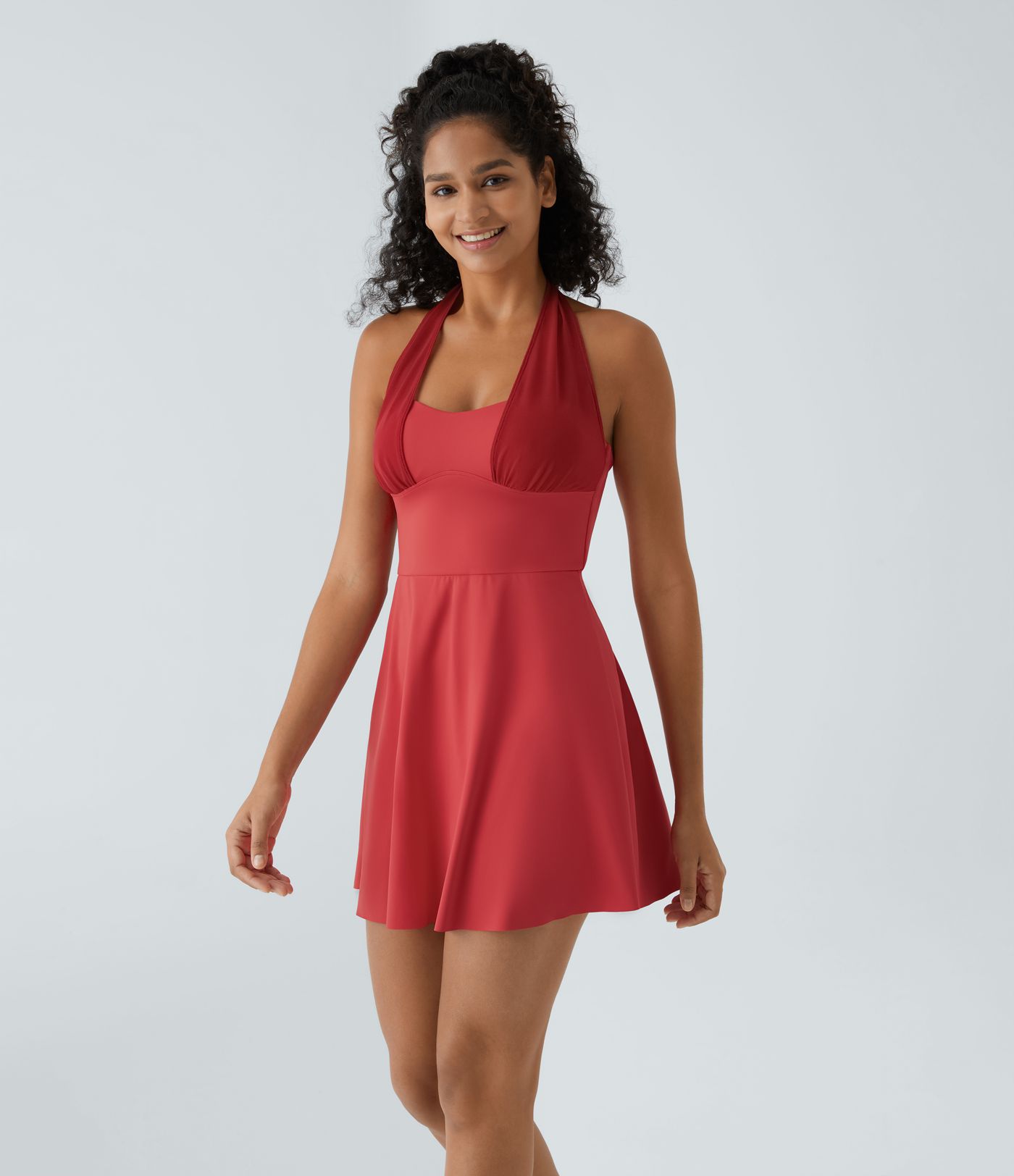 Halterneck Backless Contrast Mesh 2-Piece Set Side Pocket Flare Mini Casual Dress