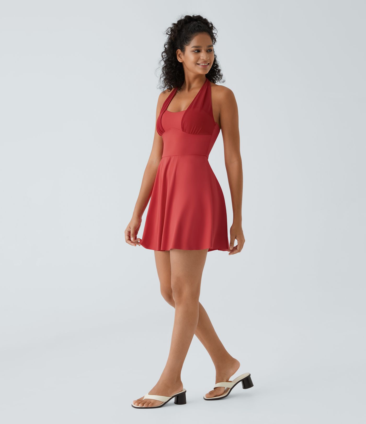 Halterneck Backless Contrast Mesh 2-Piece Set Side Pocket Flare Mini Casual Dress