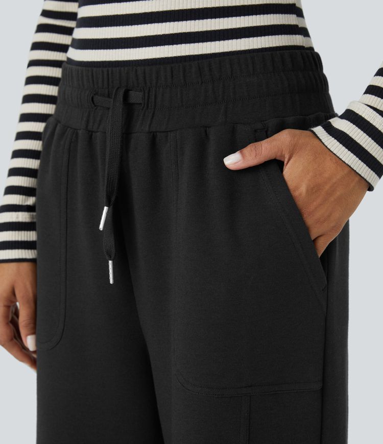 Pantalon jogging décontracté droit à taille moyenne, cordon de serrage et poches latérales