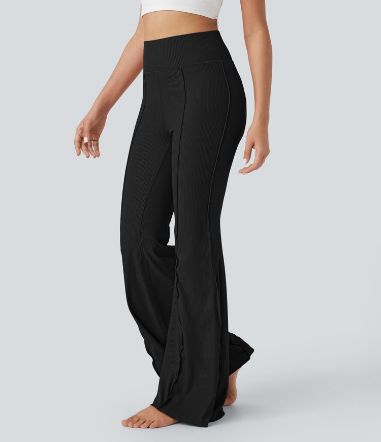 Ribbed High Waisted Lettuce Trim Pocket Flare Dance Leggings