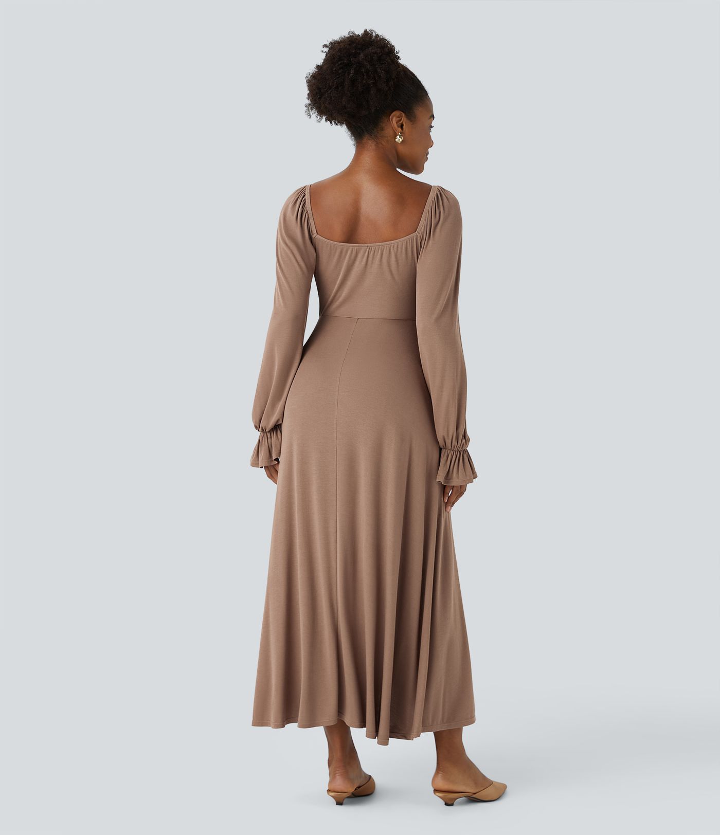 Vestido midi manga larga dobladillo dividido volante cuello cuadrado acanalado cordón ajustable delantera